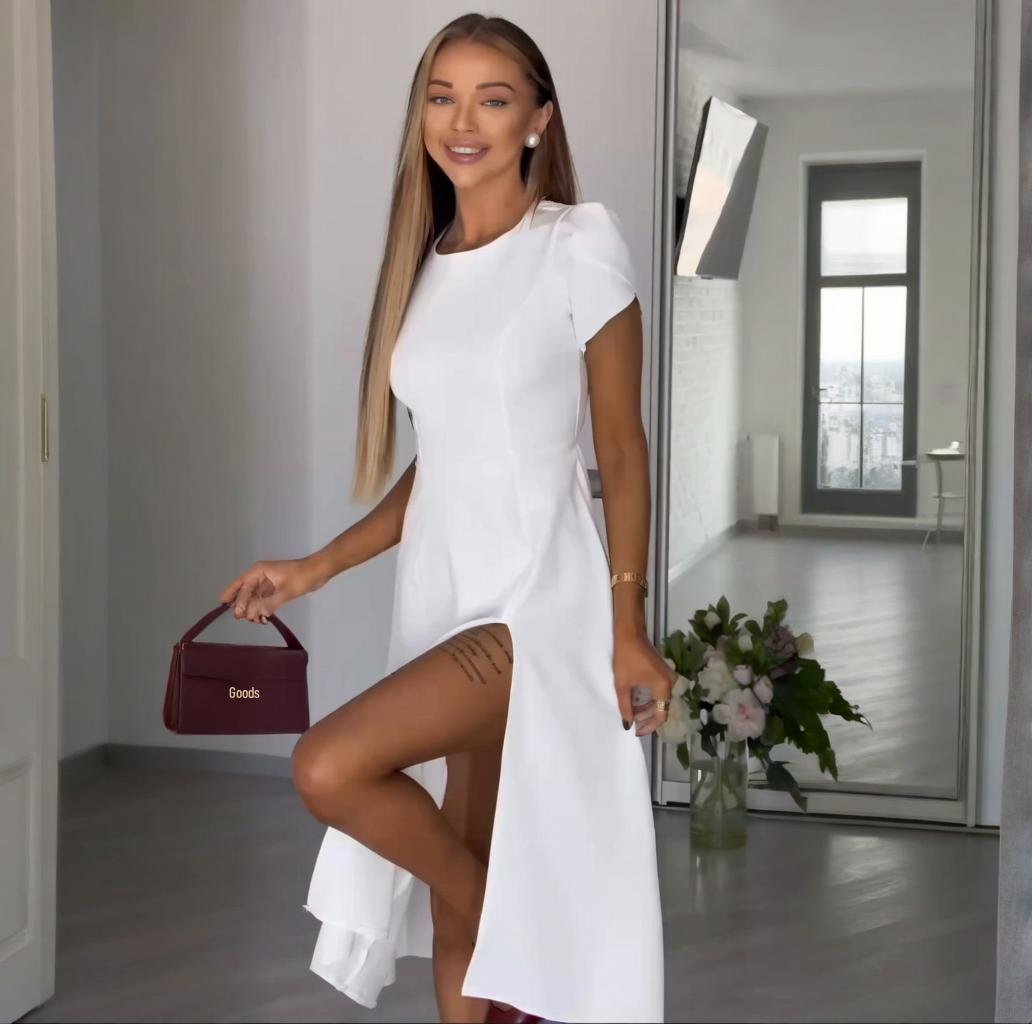 

Летнее платье 2025 года для европейских и американских женщин, с круглым вырезом, коротким рукавом, облегающего силуэта, средней длины S белый