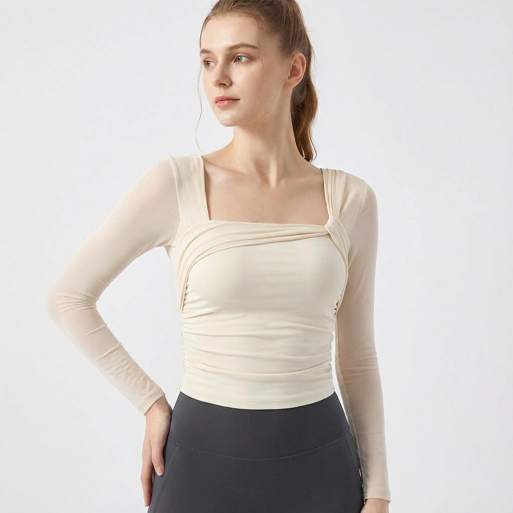 Women's Padded Long Sleeve Yoga Shirt, Crop Top, Sexy Mesh Gym Shirt, Running Workout T-shirt, Fitness Sports, Pilates Wear