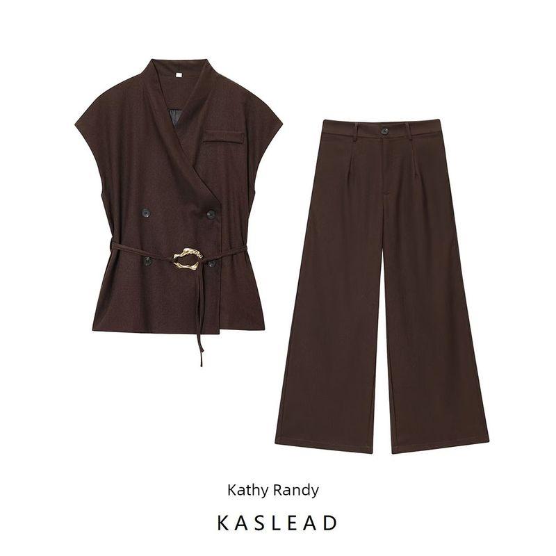 Kaslead New Women clothes Western Style Fashion Gold Buckle Decoration Top Casual Trousers Set