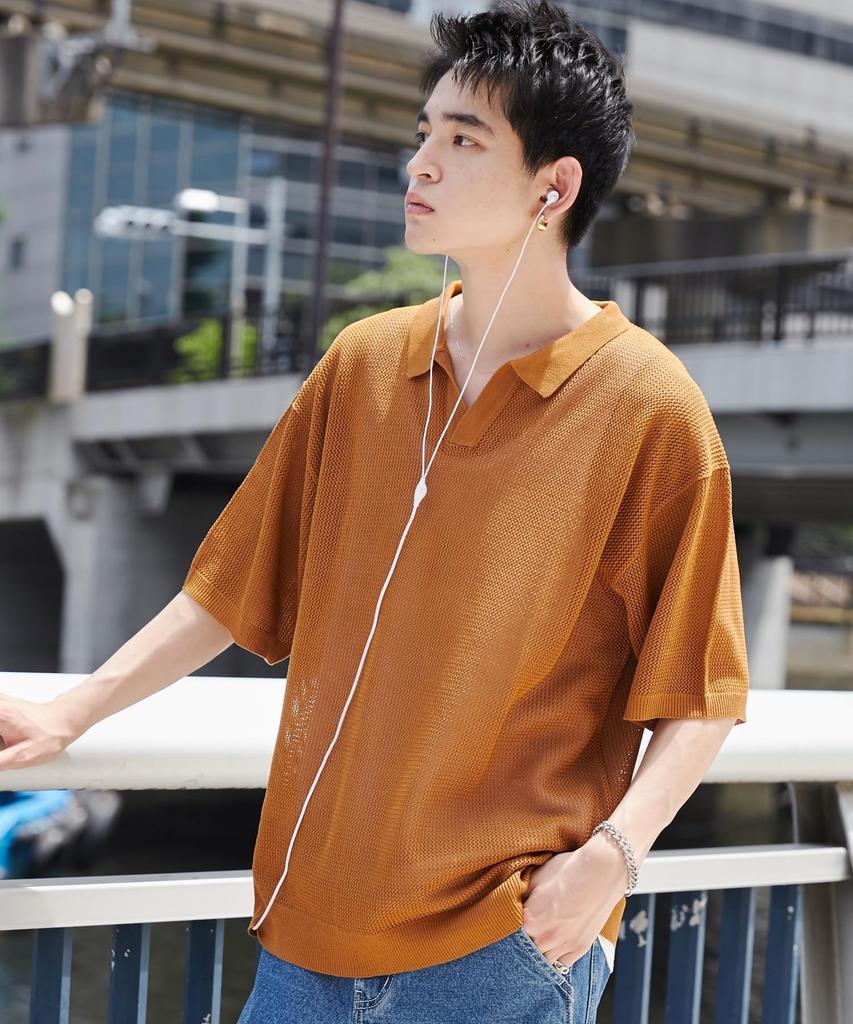 WEGO Mesh Polo Knit Summer Loose Korean Size Mustard Men's Pullover, Top, Fit, Casual, Gift, Style, Layered, Spring, Summer, Autumn, M,