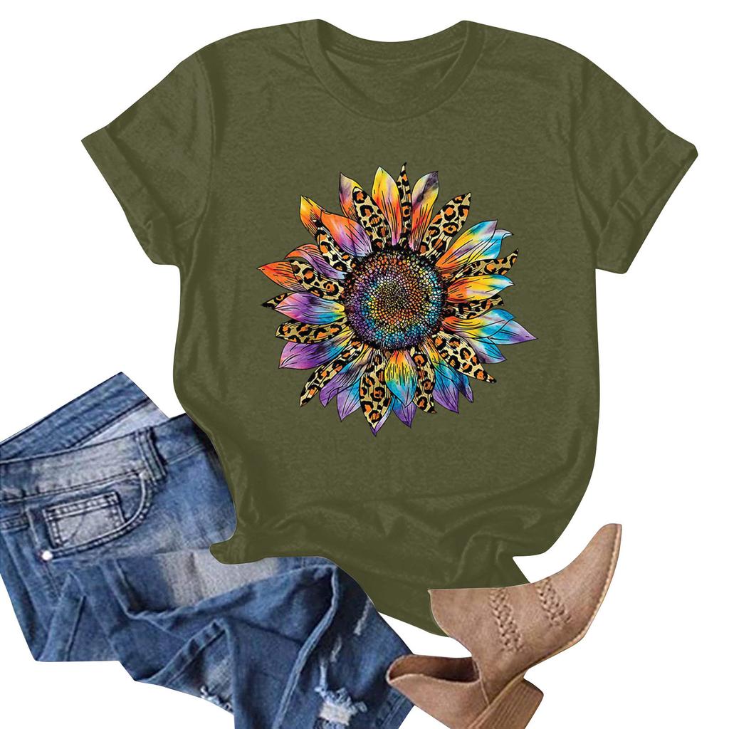 Sunflower Ladies Cute Print Short Sleeve Round Neck Front Shoulder Vintage Short Sleeve Summer Loose Shirt Top