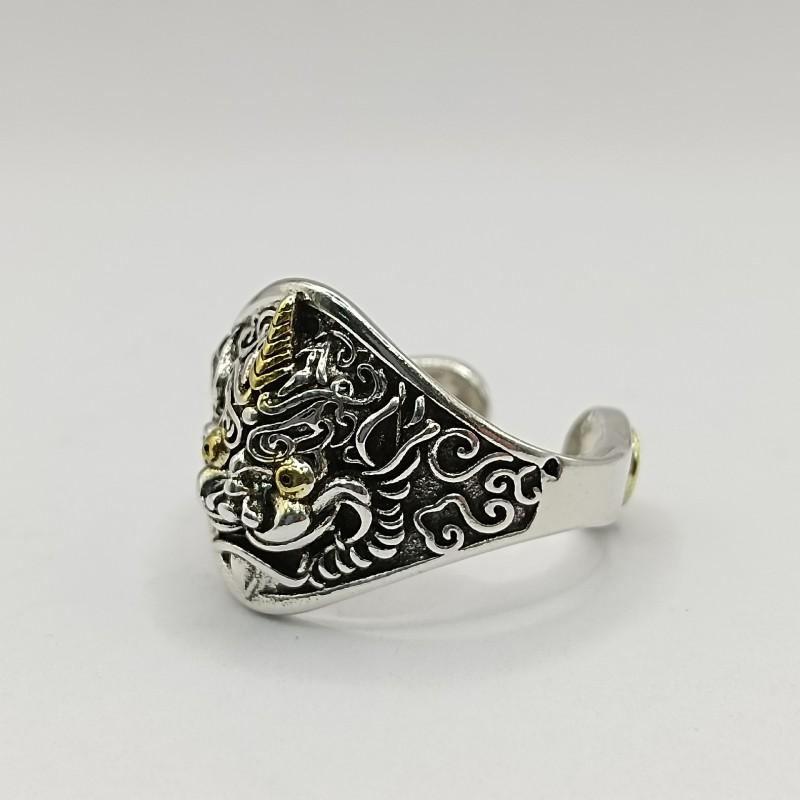 Adjustable Open Ring Men Women Vintage 3D Pixiu Sterling Plated Geometric Animal Statement