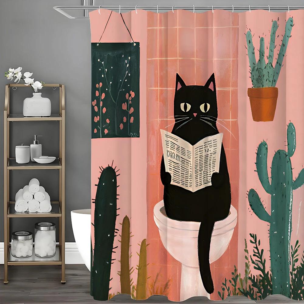 Tenda Doccia Divertente Gatto da Parete, Gatto Seduto sul WC Tenda Doccia Decorativa per Bagno, Tenda Doccia Impermeabile con Ganci