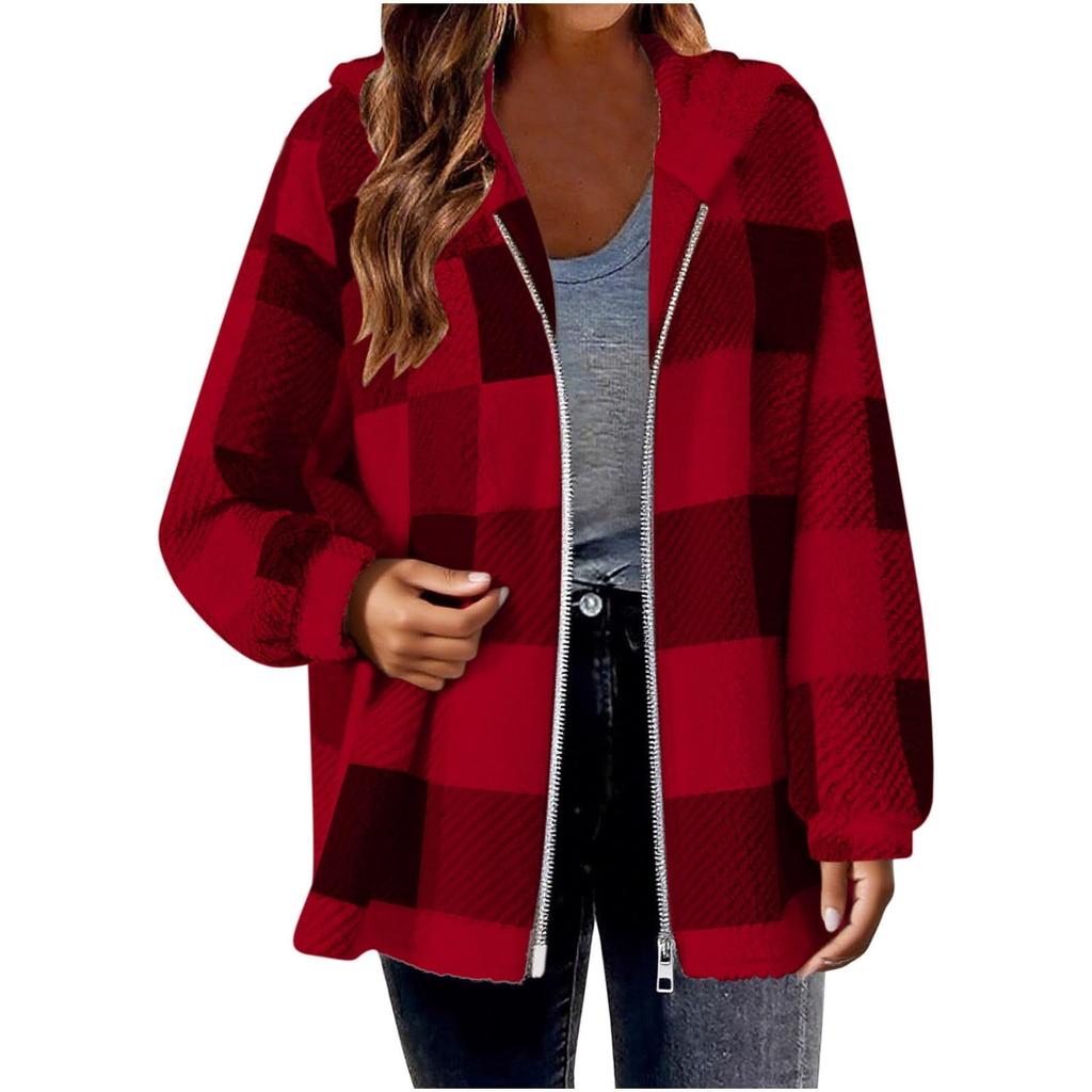 Women's Plaid Zipper Loose Plush Casual Jacket