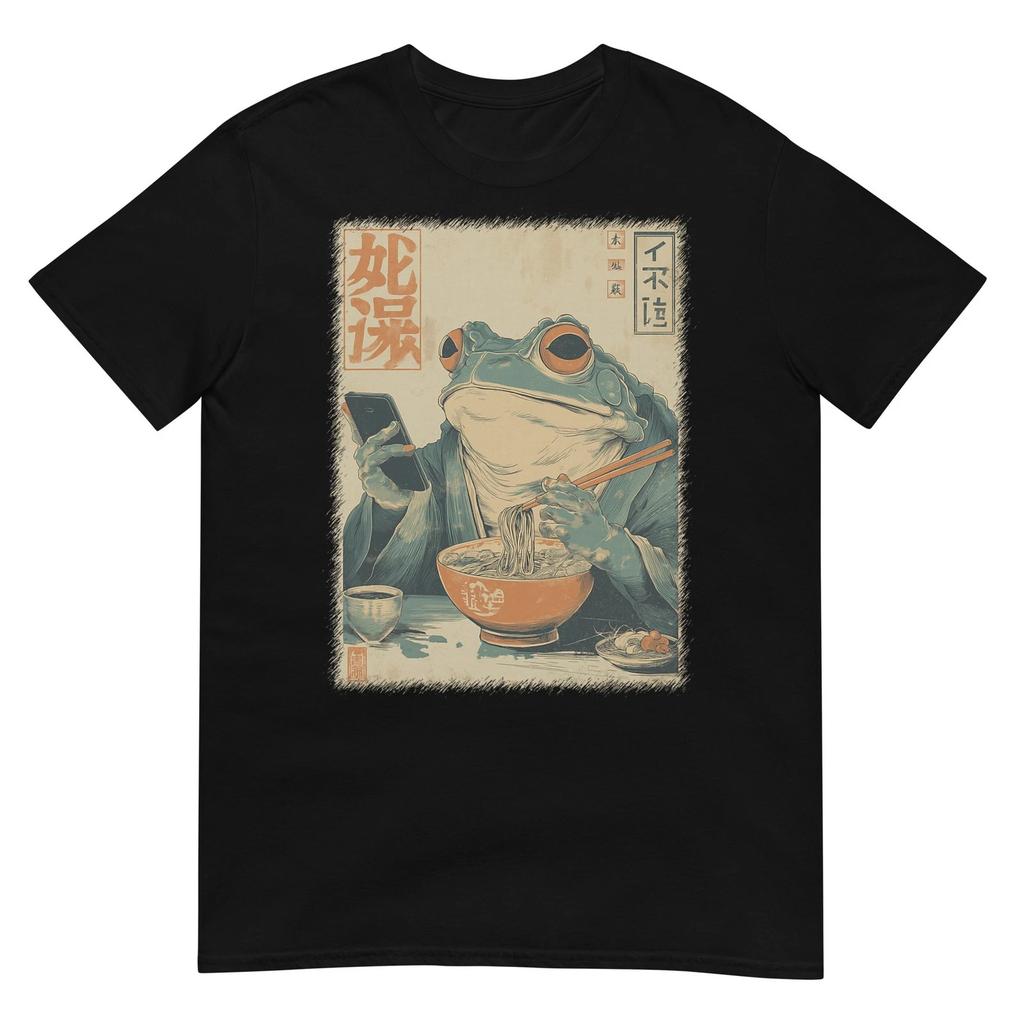 Maglietta con Rana Grumpy Divertente che Mangia Ramen e Scrolla il Telefono Arte Giapponese