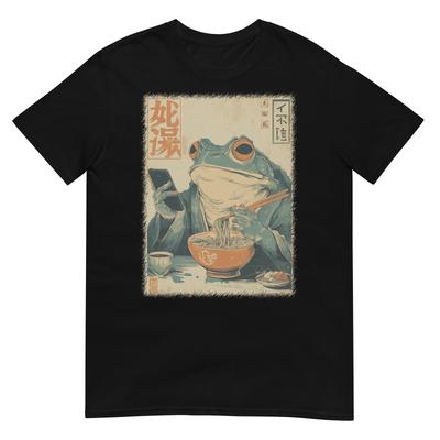 Camiseta de Arte Japonés Divertida Rana Gruñona Comiendo Ramen y Mirando el Teléfono