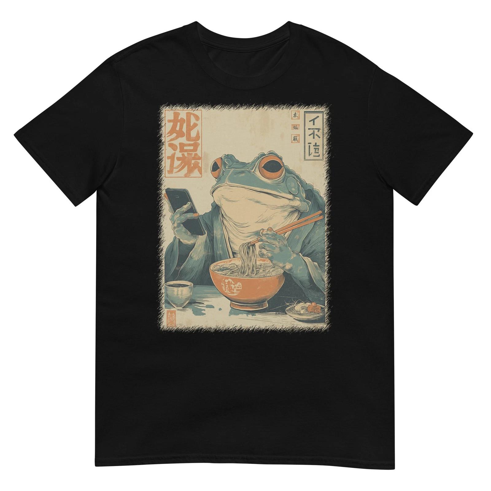Funny Grumpy Frog Eat Ramen and Scroll Phone Japanese Art T-Shirt 2XL