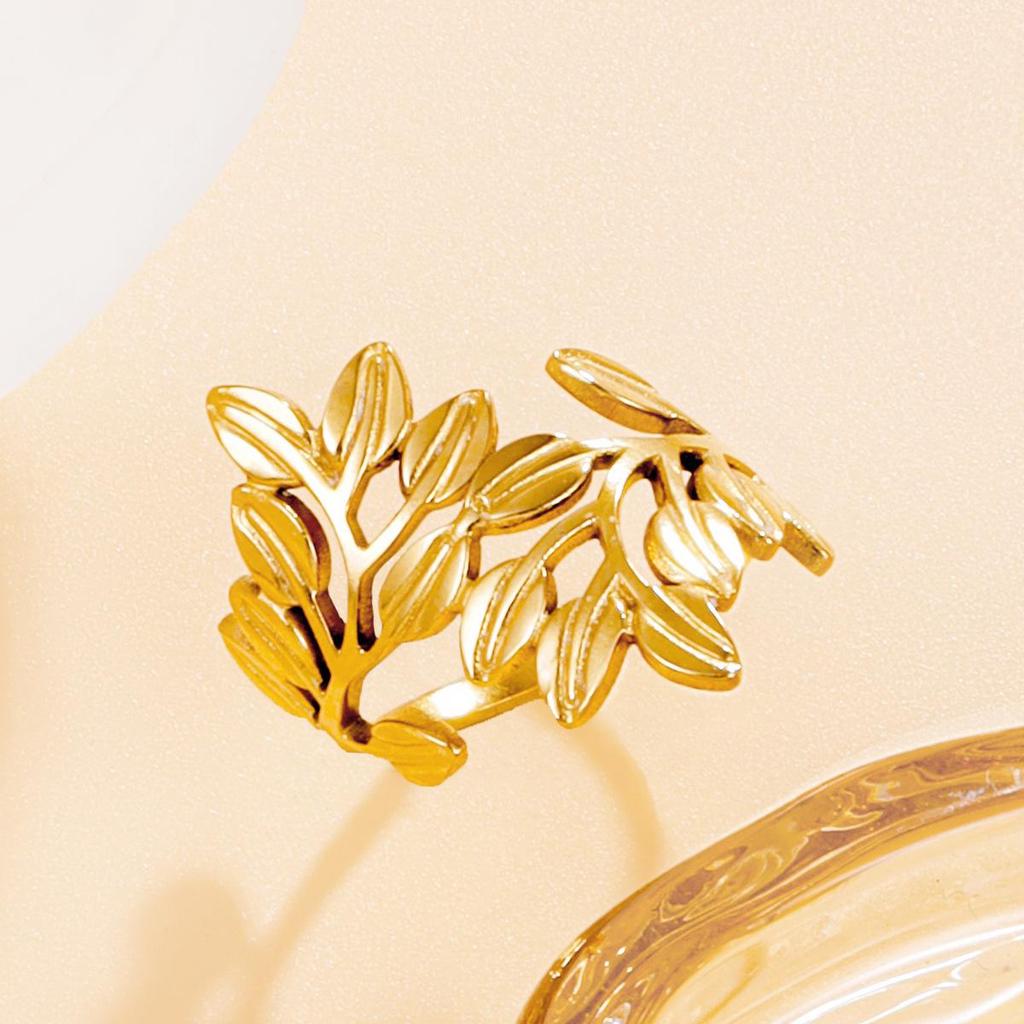 18K Gold-Plated Open Leaf Stainless Steel Ring - European & American Casual Fashion Style