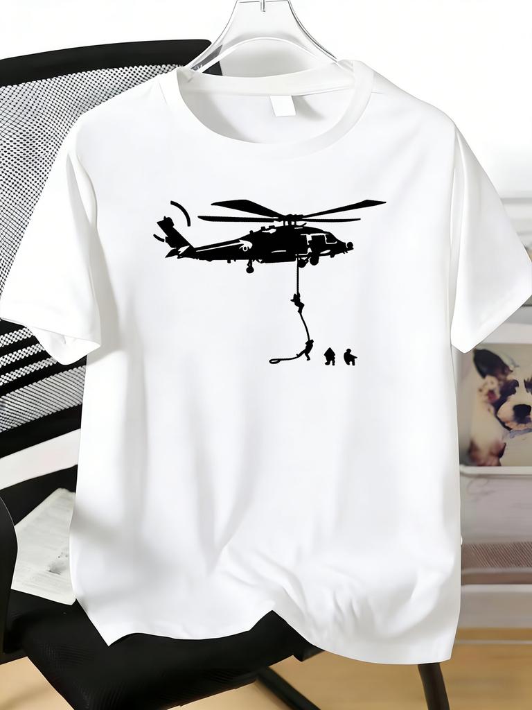 Male Dark Navy Crew Neck T Shirt Army Rescue Helicopter Troop Silhouette Graphic Soft Short Sleeve Veteran Casual Holiday Shirts