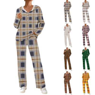 Women's V-Neck Printed Long Sleeve Hoodie Loungewear Set with Pockets - Loose Fit 2 Piece Casual Sleepwear Pajama Set for Home