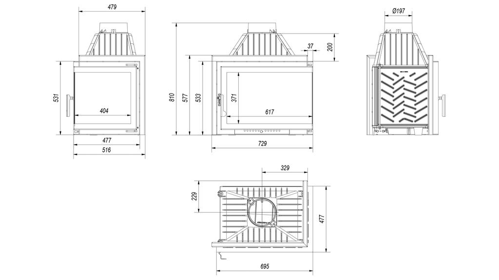 Rechter Gusseisenkamin KRATKI SIMPLE BS 15 kW Ø 200