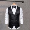 Men Suit Vest Formal Vintage Print Single-breasted V Neck Buttons Sleeveless Slim Fit Cardigan Groom Wedding Emcee Performance Waistcoat with Bow Tie