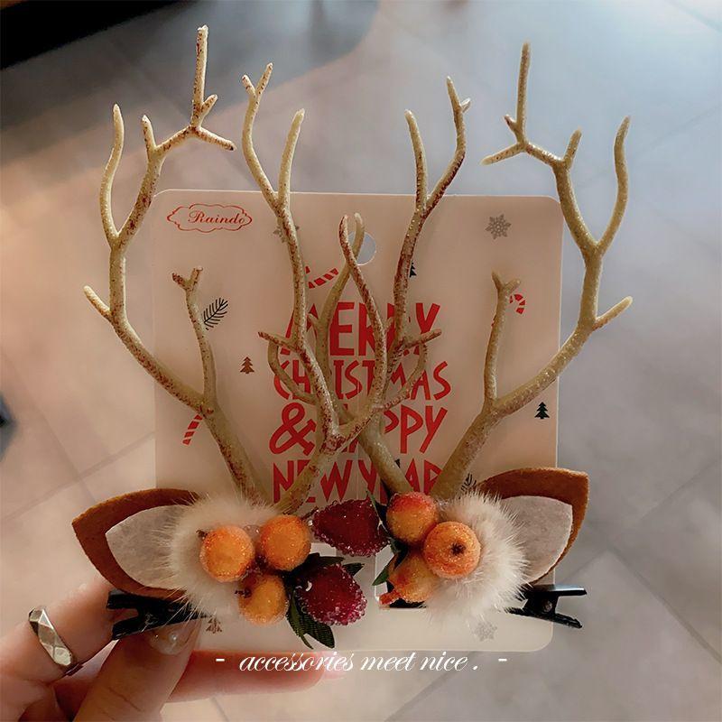 Christmas Deer Hair Clips for Women, Fairy Forest Elf Antler Headband, Fuzzy Pair Clips for Photos, Xmas Gift Accessories