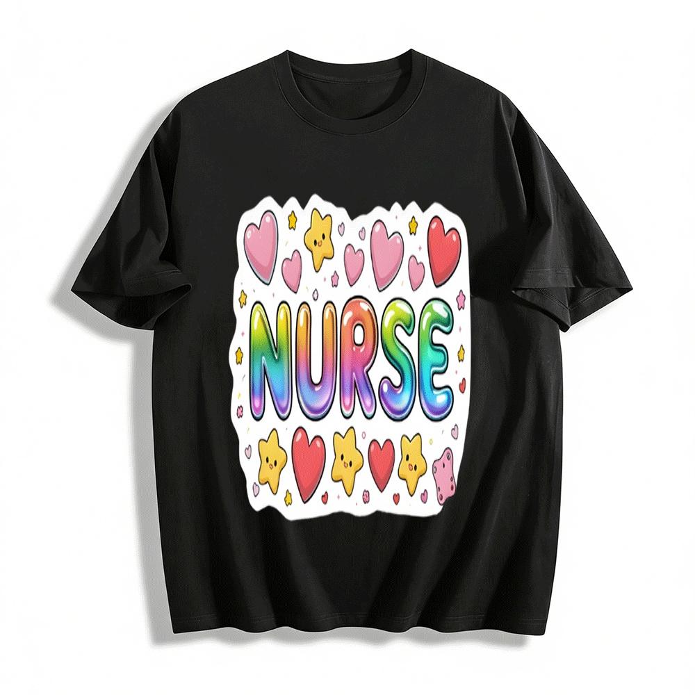 

Cute Rainbow NURSE Print Top With Hearts And Stars Pure cotton T-shirt XXS