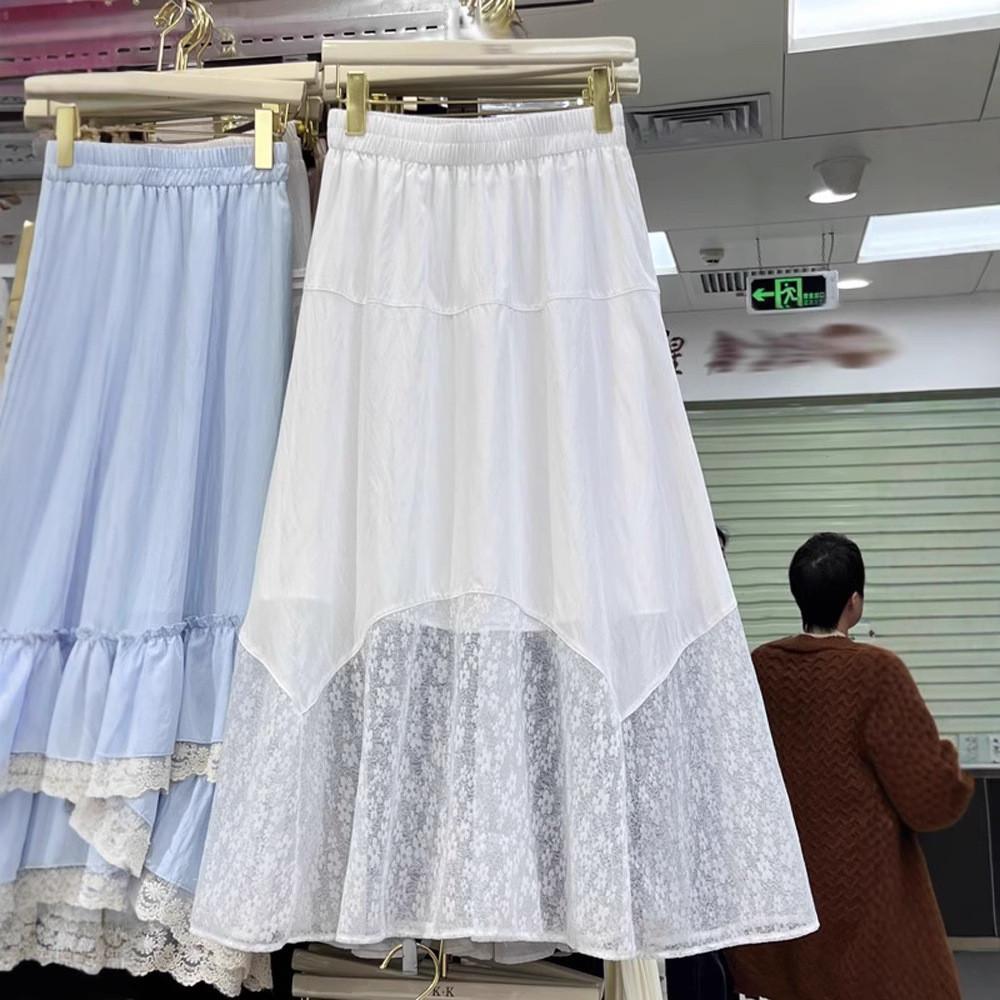 

Qooth Elegant Women A Line Splice Lace Skirt Wide Hem Mid Length Elastic Waist Slim Skirt QT2645 One Size белый