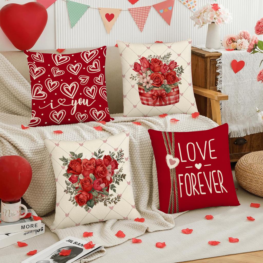 4Pcs Valentine'S Day Red Heart-Shaped Pattern Pillow Cover, Home Decoration, Used For Sofa Cushion Cover (Excluding Pillow Core)