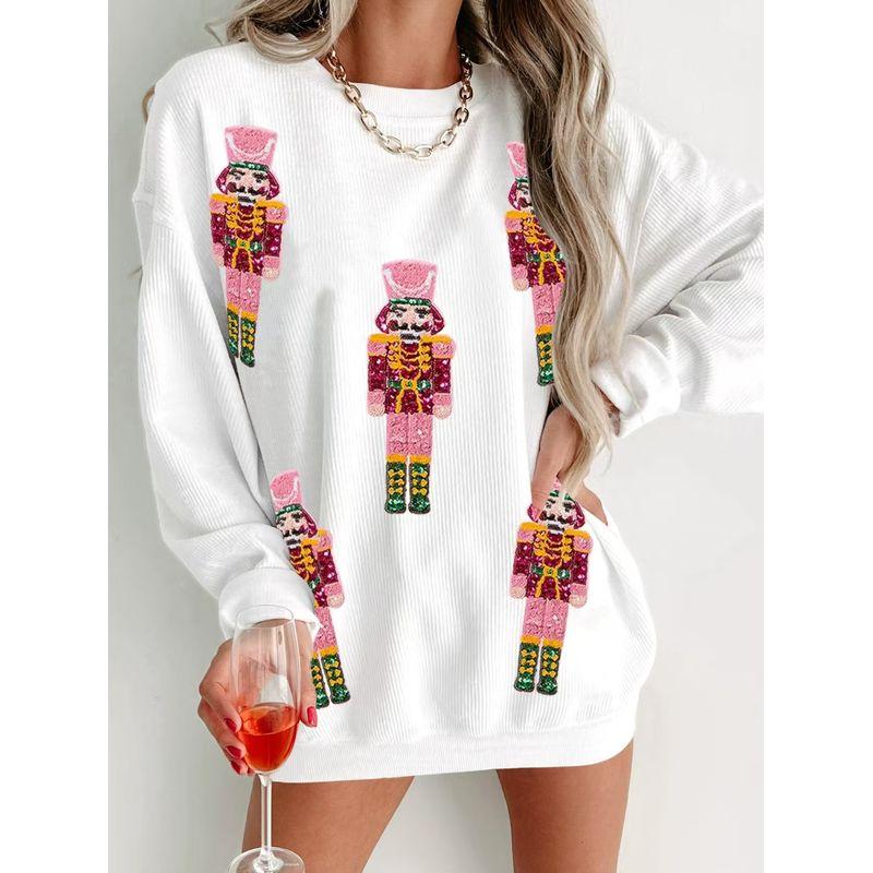 

Fashion New Arrival Loose Casual Embroidered Sequins round Neck Sweatshirt Sequin Embroidered Loose Top Beige White XS