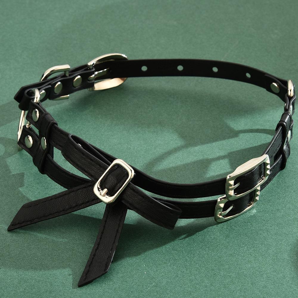 White Double Layer Leather Bow Choker for Women - Sweet and Cool Necklace 