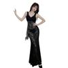 Black sleeveless lace perspective slim fishtail dress temperament elegant and thin waist pure desire style sexy dress skirt
