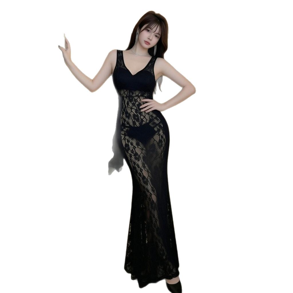 Black sleeveless lace perspective slim fishtail dress temperament elegant and thin waist pure desire style sexy dress skirt