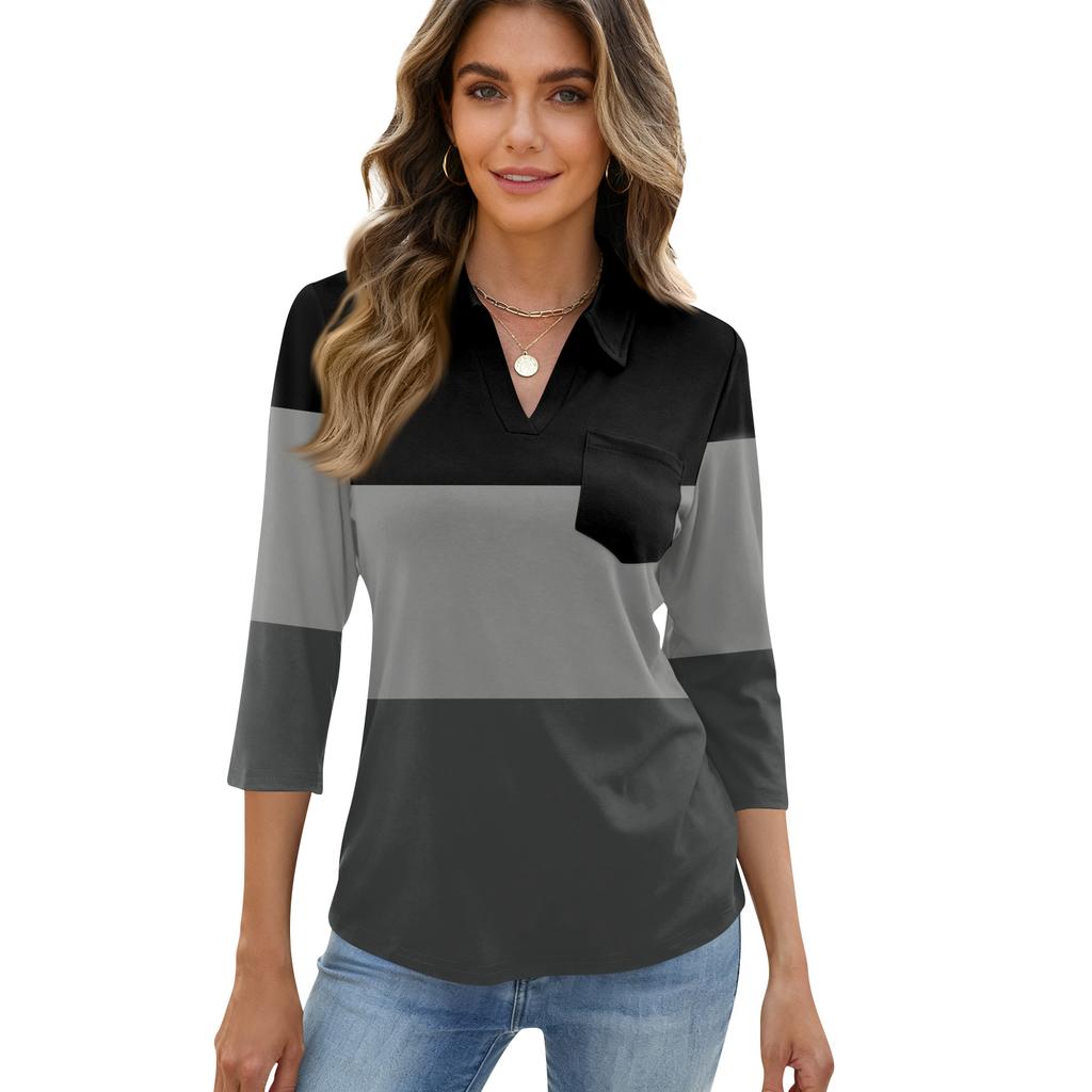 Damen Mode Lässig Revers Kurz 3/4 Ärmel Print Hemd Damen Oberteile