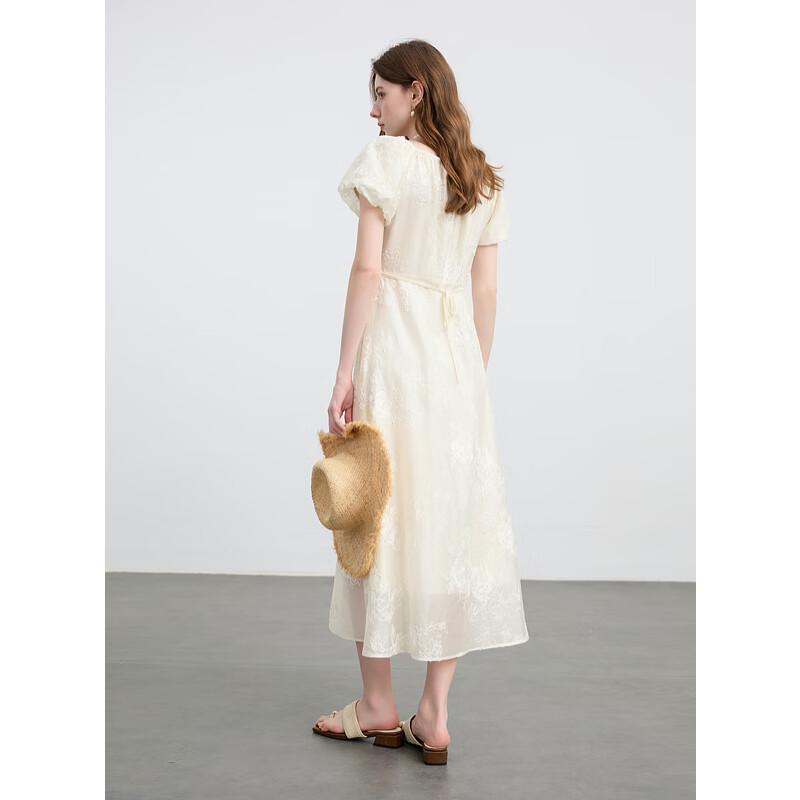 San Cai Women's Lyocell Embroidered Puff Sleeve A-Line Maxi Dress