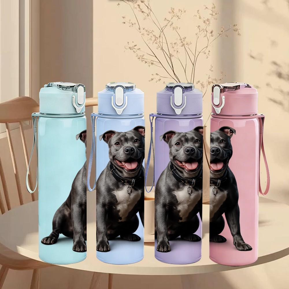 1PC Black Pitbull Dog Animal Portrait Print 750ml Color Plastic Sports Water Bottle Leakproof Flip Straw Lid Suitable for Sports Office Home Use