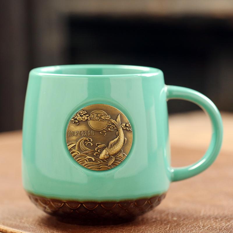 Ceramic Water Cup Mug With Copper Sheet And Bronze Medal Coffee Cup, Xingba Wind Can Print Fish Scale Milk Cup