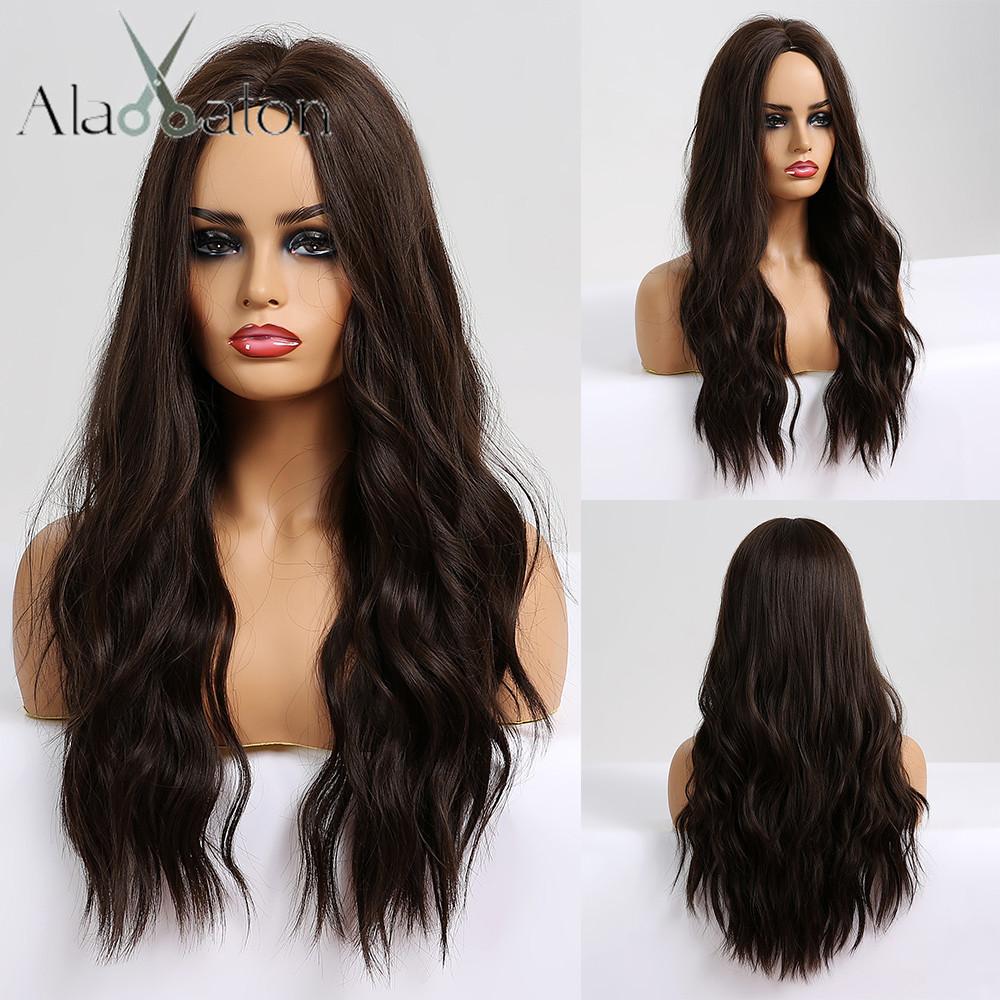 ALAN EATON Long Water Wave Wig Middle Part Red Brown Orange Copper Heat Resistant Synthetic Hair Wigs for Women African American