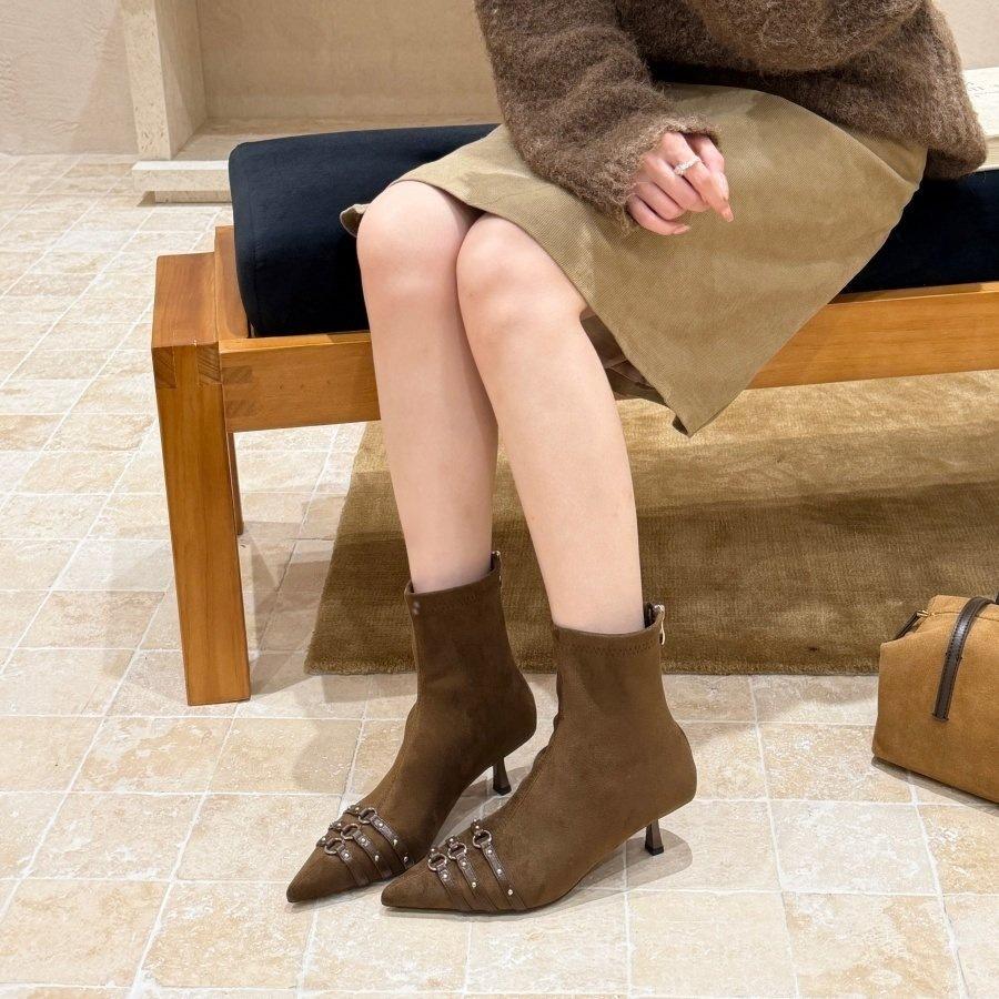 Pointed thin heel short boots women's suede rivets decorative temperament thin thin boots autumn and winter women's boots