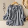 Lantern Sleeve Cotton and Linen Shirt Women's Spring and Summer Literary Retro V-neck Casual Top