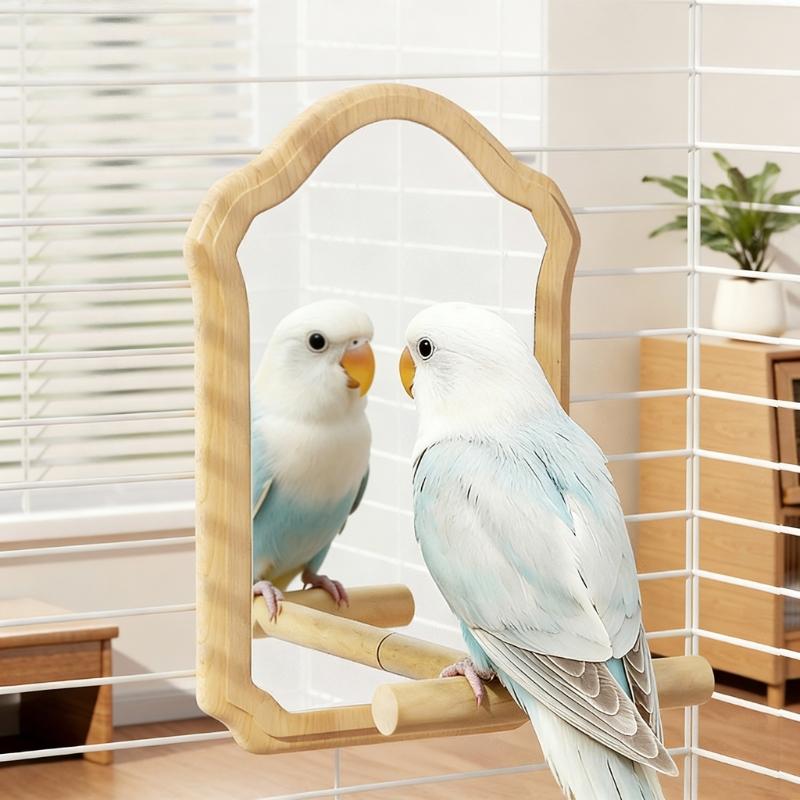Parrots Mirror Perch Natural Wood Stand For Bird Cage With Safe Acrylic Mirror For Pet Bird Entertainment Play Resting