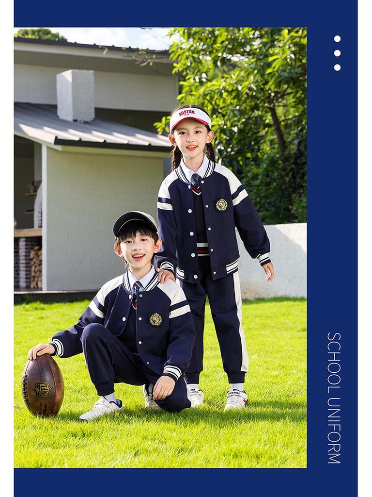 Spring-Autumn Academy-Style Navy Blue Kindergarten & Primary School Baseball Jacket Set