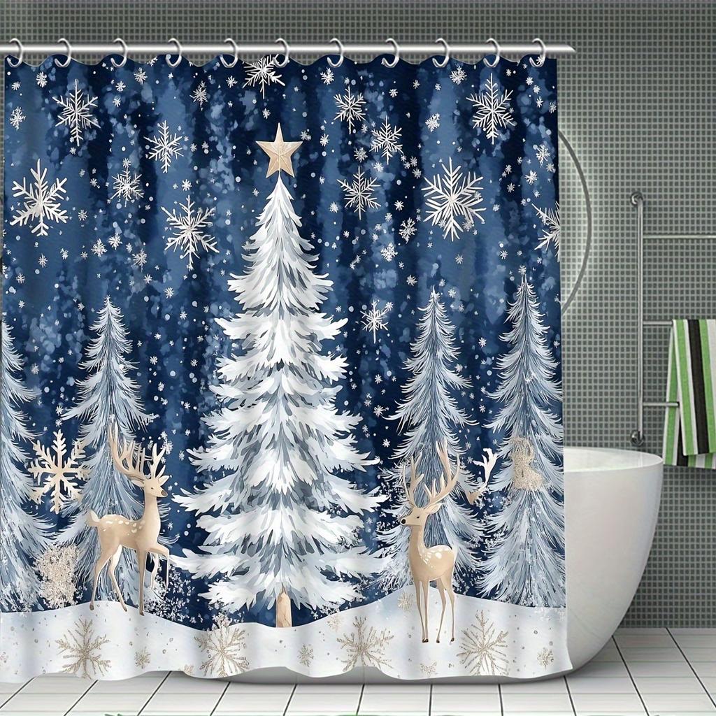4Pcs Bathroom Shower Curtain Set Elk Christmas Tree Print Bathroom Curtain With 12 Hooks Non Slip Rugs Toilet Cover Mat Bathroom Partition
