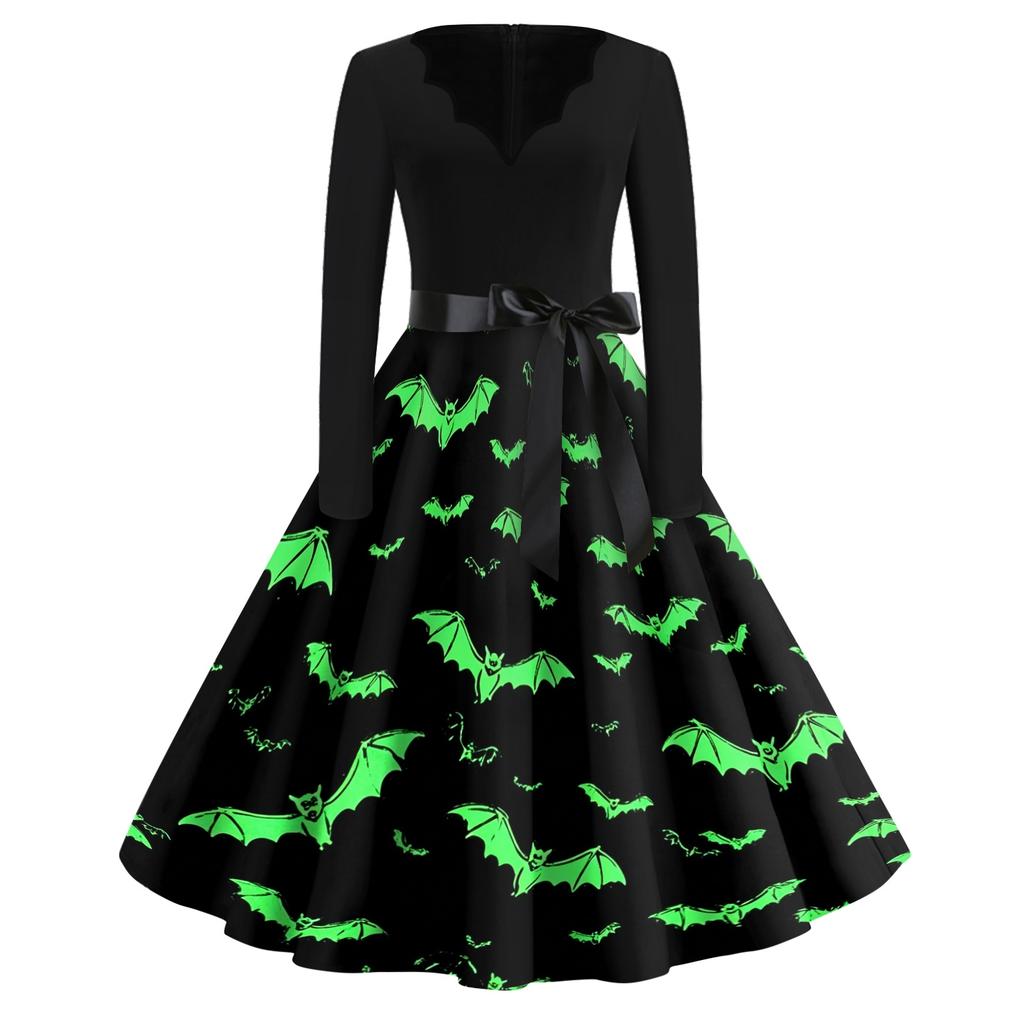Women Casual Halloween Print V Neck Vintage Dress Long Sleeve Retro Style A Line Skater Dress with Waist Tie for Seasonal Events