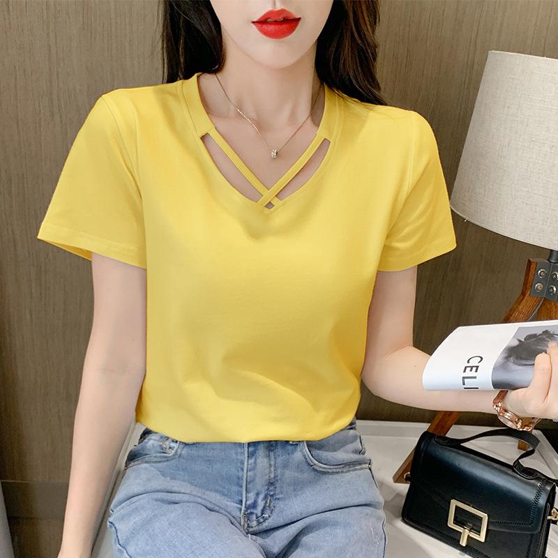 2025 Women's Korean Style V-Neck Short-Sleeve Solid Color T-Shirt