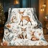 Cute Forest Animals Deer Owls Squirrels Flannel Blanket, Soft Lightweight for Sofa Bed Travel Camping, 2D Flat Cozy Decor