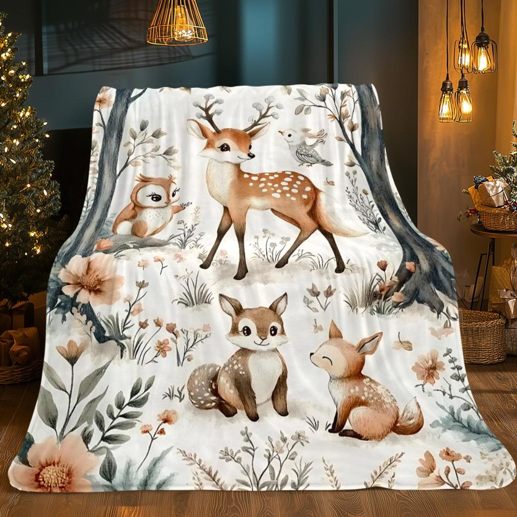 Cute Forest Animals Deer Owls Squirrels Flannel Blanket, Soft Lightweight for Sofa Bed Travel Camping, 2D Flat Cozy Decor