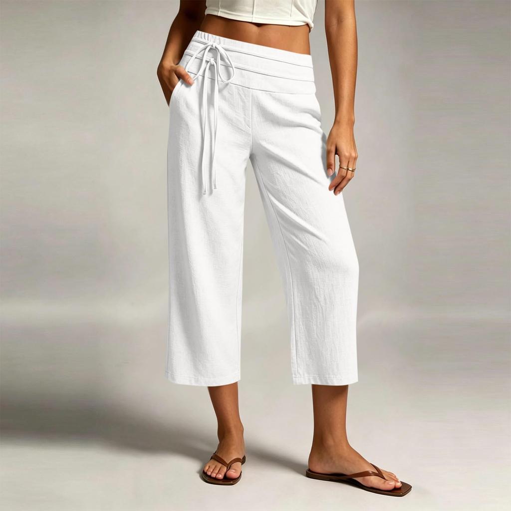Women Casual Wide Leg Cropped Pants Elastic Waistband Drawstring Loose Fit Capri Trousers Lightweight Breathable Fabric