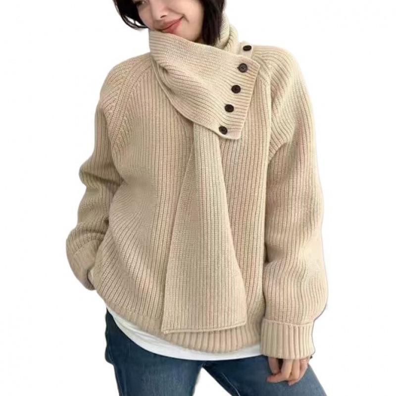 2024 Women's Korean Style Long Sleeve Scarf Collar Knit Sweater