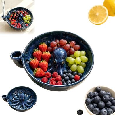 Ceramic Berry Rinse Bowl Octopus Shaped Washing with Drainage Slots, Retro Style Functional Kitchen Gadget Fruit Strainer, Decorative Vegetable