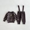 Korean Style Children's Knit Stripe Pullover and Overalls Set for Autumn/Winter