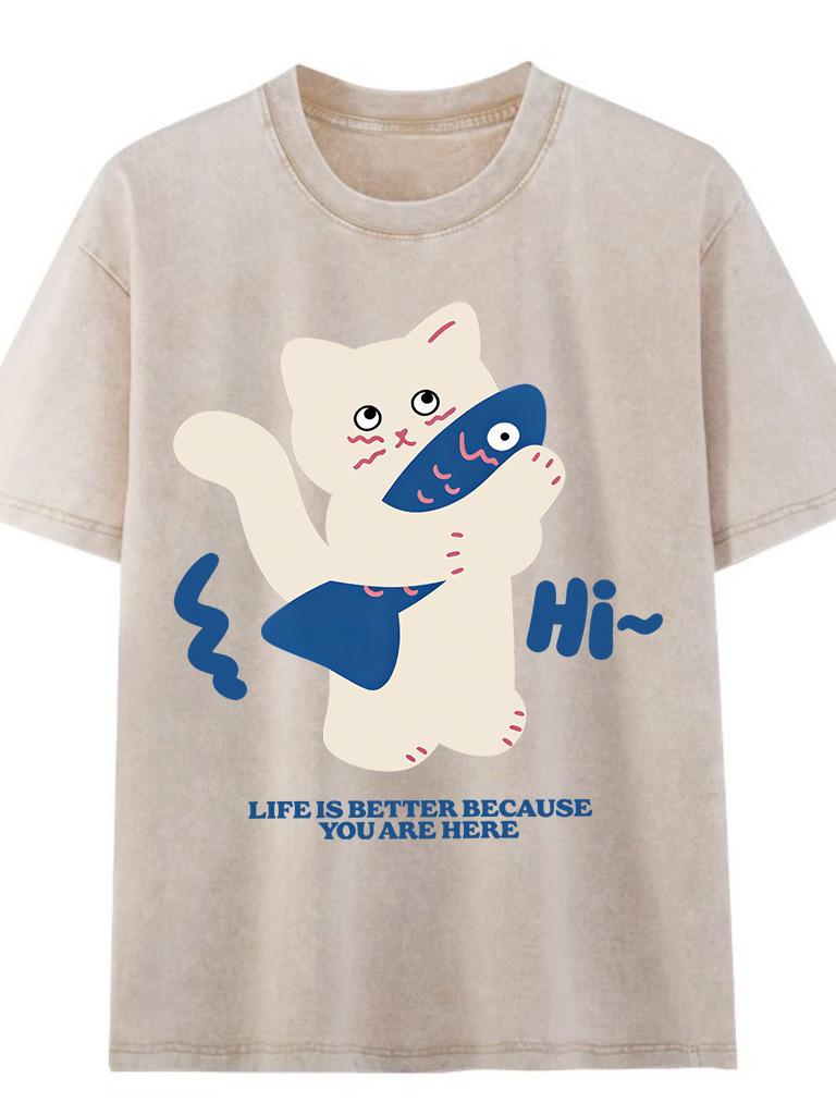 2026 Summer American Retro Men’s Washed Short Sleeve T-shirt - Trendy Loose Fit with Vintage Print