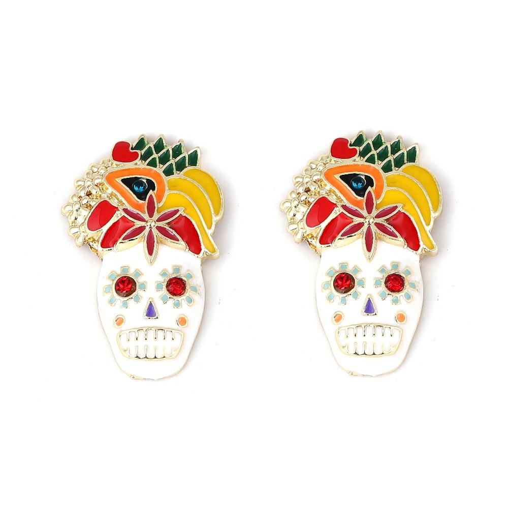 Flower Dripping Oil Skull Earrings Rhinestone Enamel Skeleton Stud Earrings Vintage Earring  Autumn