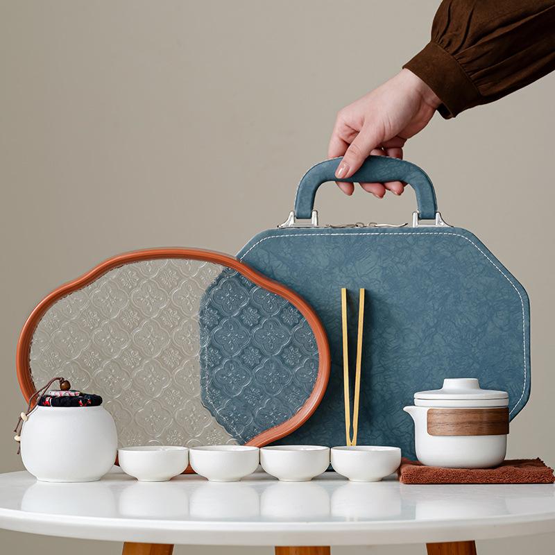 High-end simple Dehua ceramic Yanhe teapot portable four cups outdoor travel tea set tea gift leather bag
