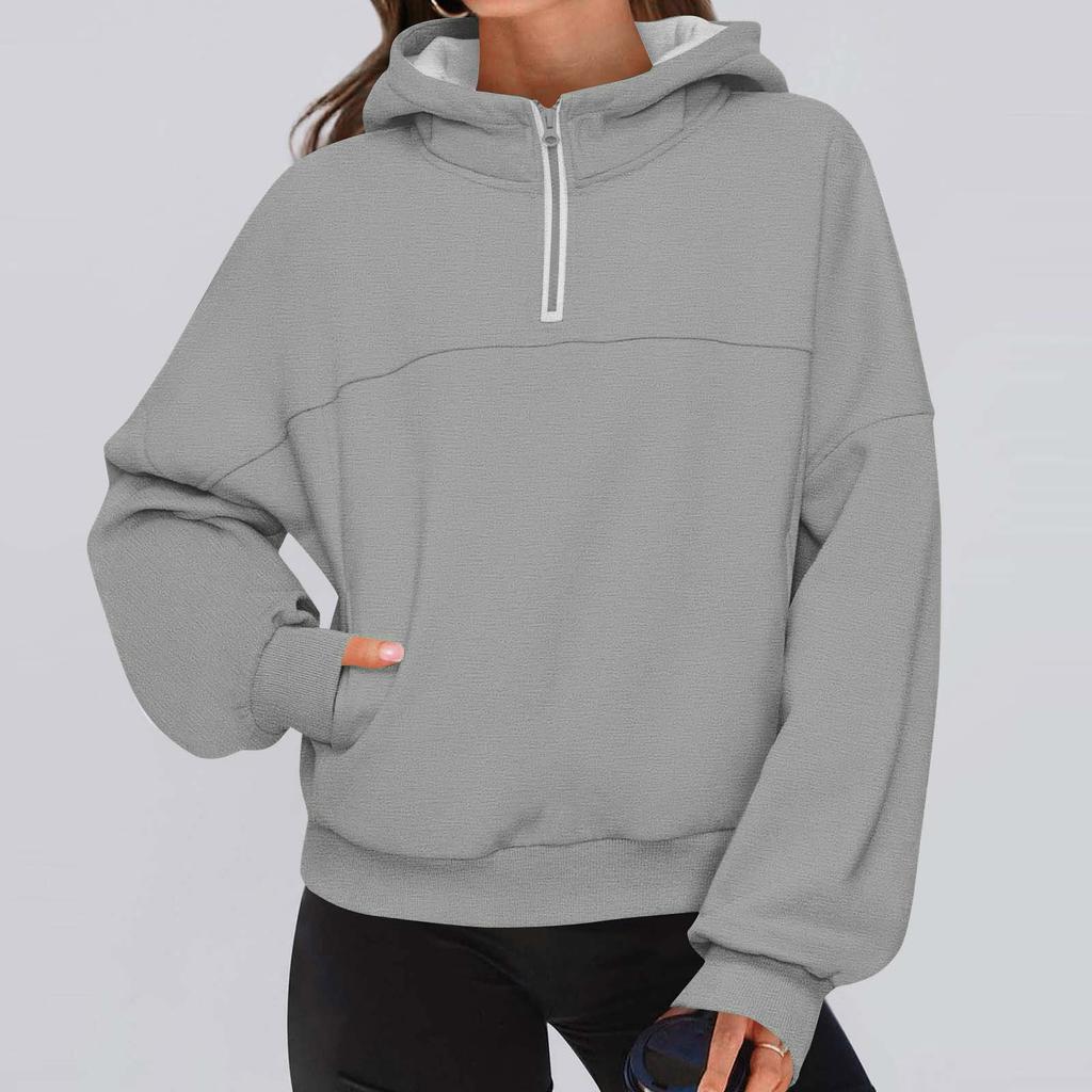 Women's Fashionable Solid Color Hooded Long Sleeved Sports Casual Pullover Sweatshirt Top