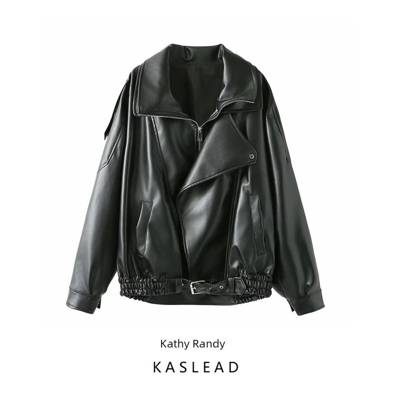 Kaslead New Arrival Women's Clothing Fashion Style Fashion All-Match Loose Long Sleeves Leather Jacket Coat