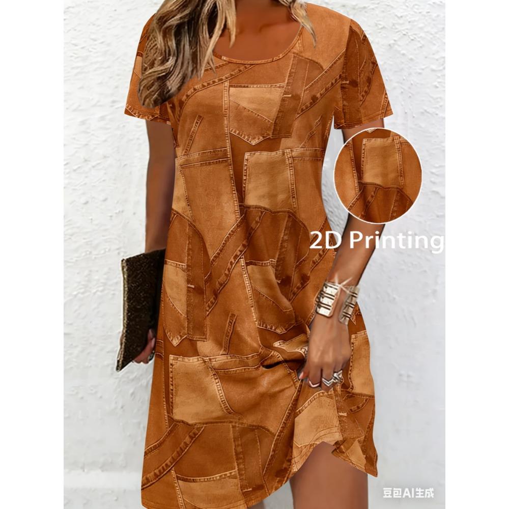Breathable printed round-neck short-sleeved T-shirt dress