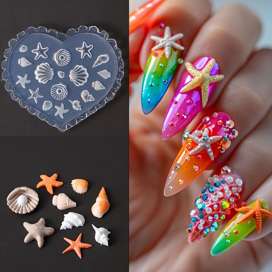 6Pcs Silicone Carving Molds – Summer Beach Style with Starfish, Conch & Goldfish, Nail Art Stencil for DIY Nail Accessories & Polymer Clay Jewelry