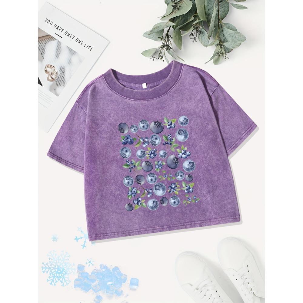 Cotton Crop Tops Womens Fresh Blueberry Fruits Printing Washed T-Shirts Regular Fit O-Neck Streetwear Y2K Clothes